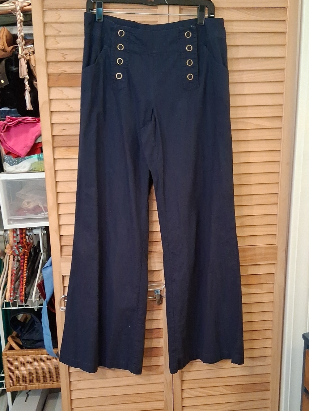 VENUS Navy Linen Cotton Wide-Leg Sailor Pants with Grommet Detail